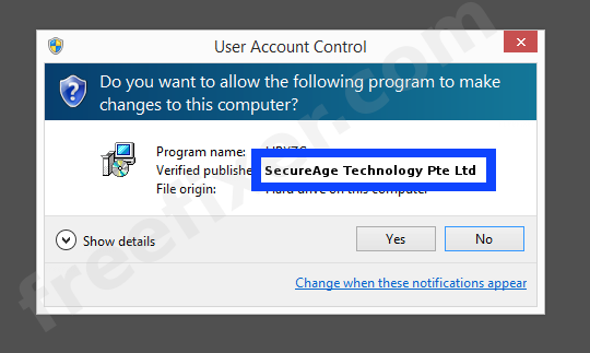 Screenshot where SecureAge Technology Pte Ltd appears as the verified publisher in the UAC dialog